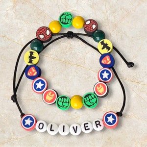 Set of 2 Superhero custom bracelet, Boys beaded bracelet, personalized name bracelet for kids, superhero party favor
