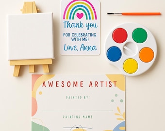 May include: A white mini canvas on a wooden easel, a rectangular gift tag with a rainbow and the text Thank you for celebrating with me! Love, Anna, an orange paintbrush, a circular paint palette with six colors, and a card labeled Awesome Artist.