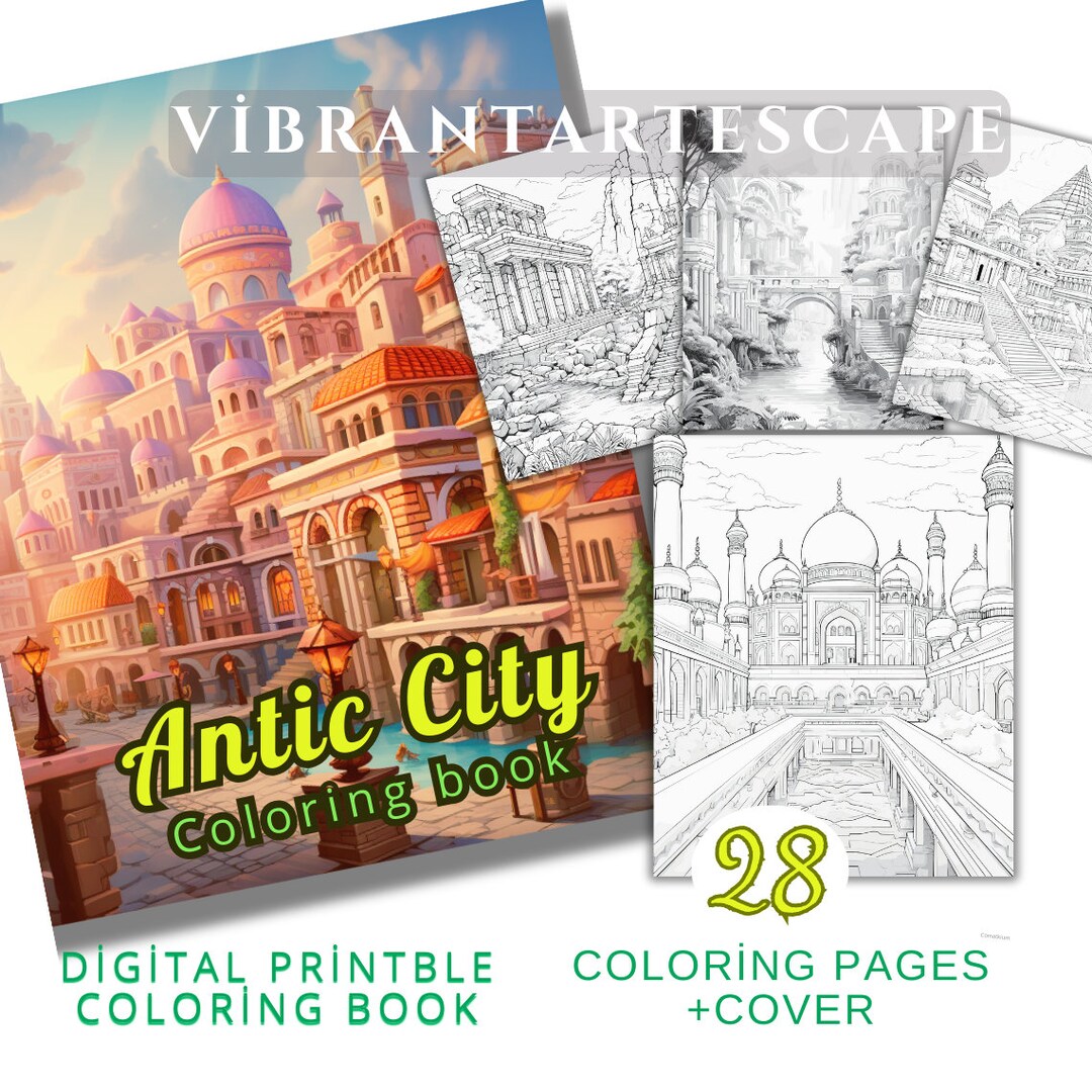 Fantasy City Coloring Book 28 Coloring Pages Grayscale Antic City Coloring Book Adults/kids ...