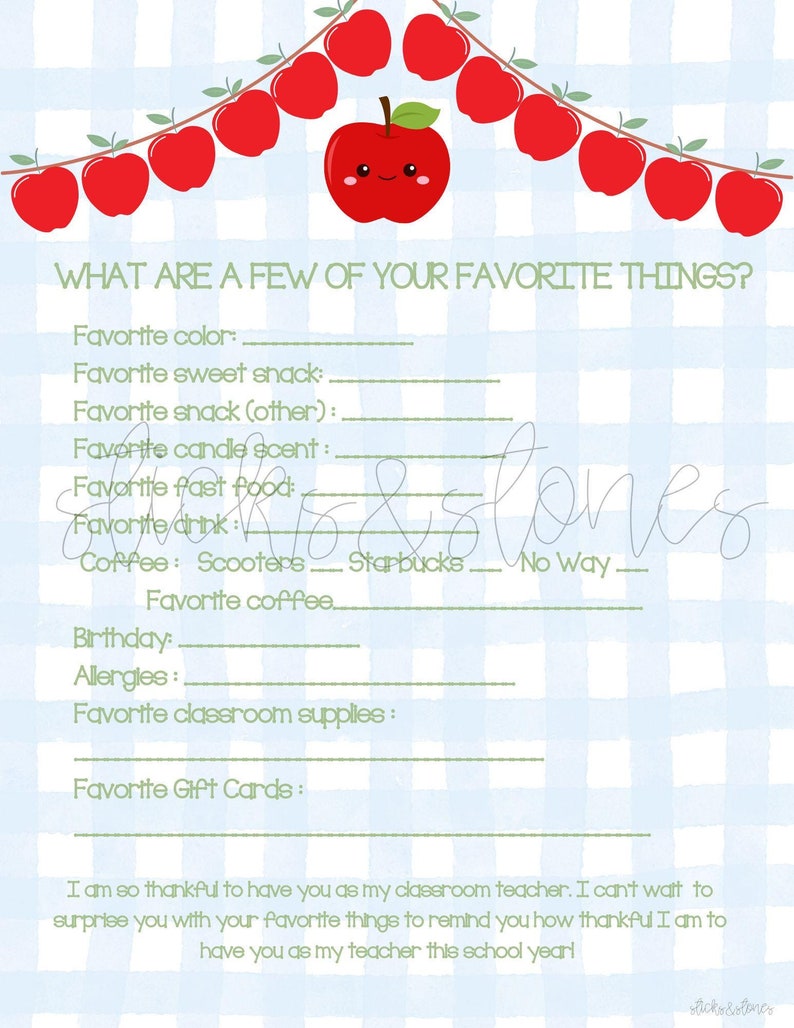 Teacher Gift Favorite Things Printable - Etsy