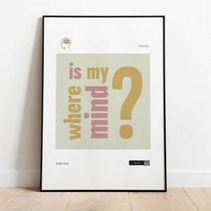 May include: A framed poster with a light green background and the text "Where is my mind?" in pink and gold. The text is in a stylized font. The poster also includes the band name "Pixies" and the album title "Surfer Rosa".