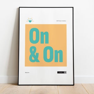 May include: A framed poster with a yellow background and the text "On & On" in teal blue letters. The artist's name, "Erykah Badu", is printed in black at the top of the poster.