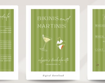 Editable Bachelorette Itinerary Template (5x7) - Bikinis & Martinis (Three-Pager)