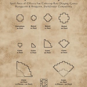 May include: A tan-colored poster with black line drawings of various shapes, including squares, crosses, and cones, representing spell areas for tabletop role-playing games. Text includes "Temporal Templates" and measurements in feet.