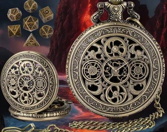 Pocket Watch Dice Holder with Dice Set - Steampunk Gear Design - Costuming and Tabletop RPGs