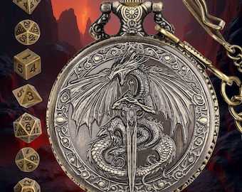 Soporte para dados de reloj de bolsillo con juego de dados - Diseño de dragón espada - Disfraces y juegos de rol de mesa