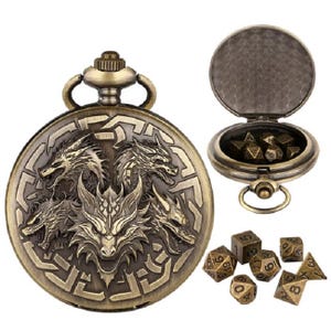 Pocket Watch Dice Holder with Dice Set - 5-Headed Dragon Design - Costuming and Tabletop RPGs image 1
