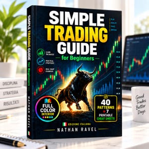 Può includere: Un libro con copertina rigida intitolato Simple Trading Guide for Beginners di Nathan Ravel. La copertina nera presenta un grande toro, un grafico a candele del mercato azionario e testo che evidenzia 40 pattern, 7 fogli di trucchi stampabili e interni a colori.