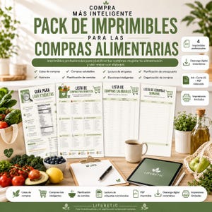 May include: A digital printable grocery shopping planner set featuring four documents with text in Spanish, including a label reading guide, a diabetic shopping list, a healthy shopping list, and a weekly shopping list, displayed on a wooden desk.
