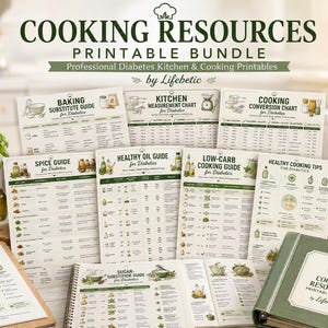 Peut inclure: Un ensemble numérique de 8 ressources de cuisine imprimables pour le diabète, comprenant des guides sur les substituts de cuisson, les mesures, les conversions, les épices, les huiles, les conseils et recettes, dans un thème vert et blanc.