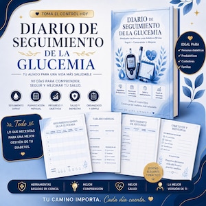Peut inclure: Un journal de suivi de la glycémie de 90 jours avec une couverture bleue et blanche illustrée d'un lecteur de glycémie, d'un stylo et d'un cœur. L'ensemble comprend un agenda ouvert avec des journaux quotidiens et des objectifs de santé.