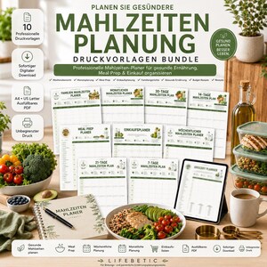 May include: A digital meal planning bundle featuring ten printable templates, including weekly, monthly, and 30-day planners. The set includes various charts for meal prep, grocery lists, and family recipes, presented with a clean, green-themed layout.
