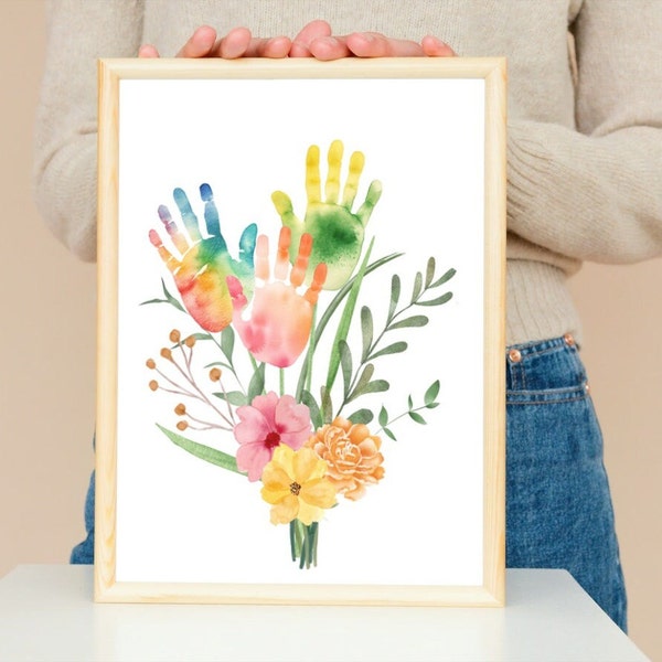 Mother's Day Bouquet Printable, Kids Handprint Keepsake, Mother Day Craft Handprint, Handprint Art for Mom, Birthday Activity flower bouquet