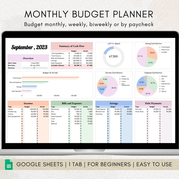 Monthly Budget Spreadsheet, Google Sheet Budget Planner, Spreadsheet Template, Financial Planner, Paycheck Budget Planner, Expense Tracker