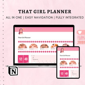 That Girl Planner, modelo de noção, painel de noção, autocuidado e planejador financeiro, rastreador de período, planejador de TDAH, rastreador de condicionamento físico