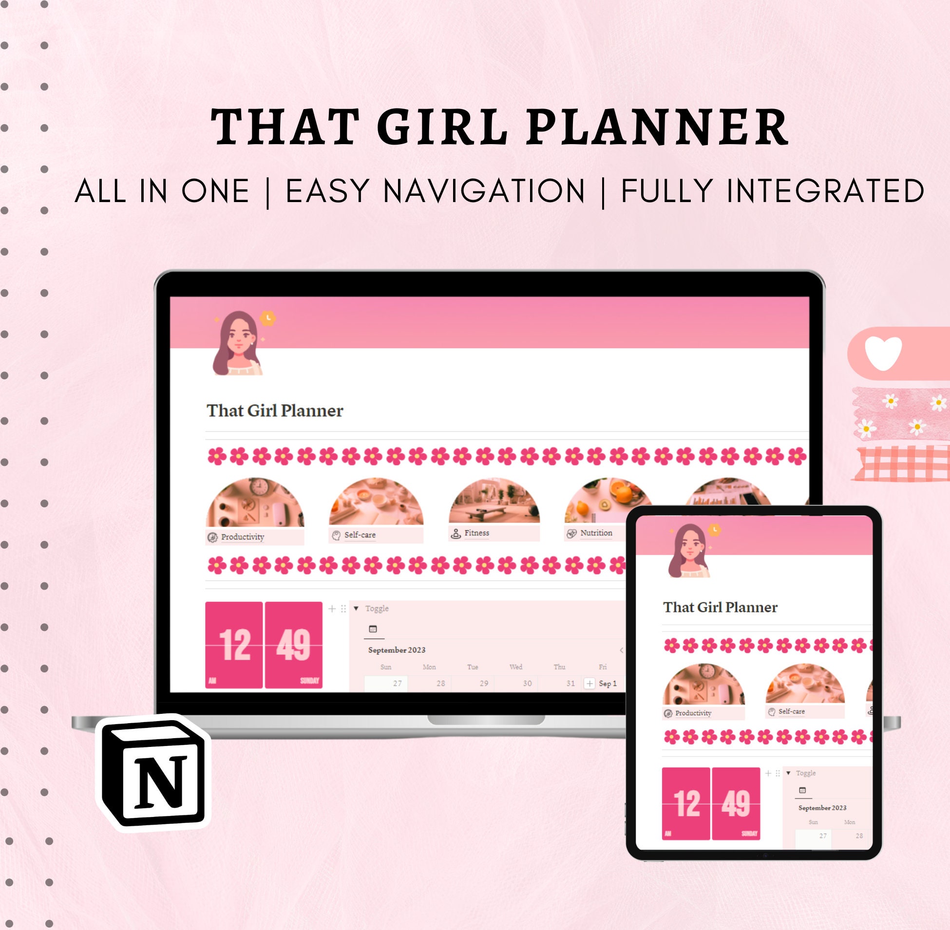 That Girl Planner, Notion Template, Notion Dashboard, Self-Care & Financial Planner, Period Tracker, Adhd Planner, Fitness Tracker