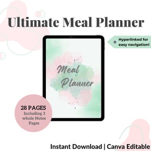Digital Meal Planner, Calorie Calculator, Grocery List, Food Tracker, Daily Planner, Meal Planning, Instant Download, Canva Editable Planner