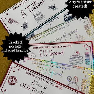 May include: A collection of gift vouchers with different designs and text, such as "A Tattoo!", "£15 Spend", and "A Tour of OLD TRAFFORD". The vouchers feature decorative illustrations and holographic details. The text "Tracked postage included in price!" is present.