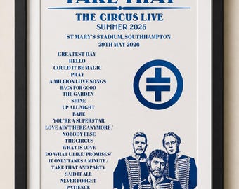 A4 Foiled Take That Setlist, Personalised set list, Idols tour, Concert setlist