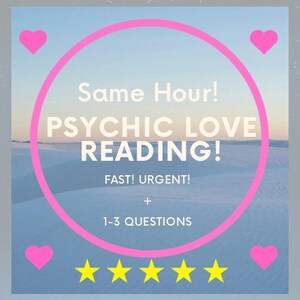 Op de afbeelding: Roze en witte afbeelding met een roze cirkel met de tekst "Same Hour! PSYCHIC LOVE READING! FAST! URGENT! + 1-3 QUESTIONS". Vijf gele sterren bevinden zich onder de cirkel. Twee roze harten bevinden zich bovenaan de afbeelding.