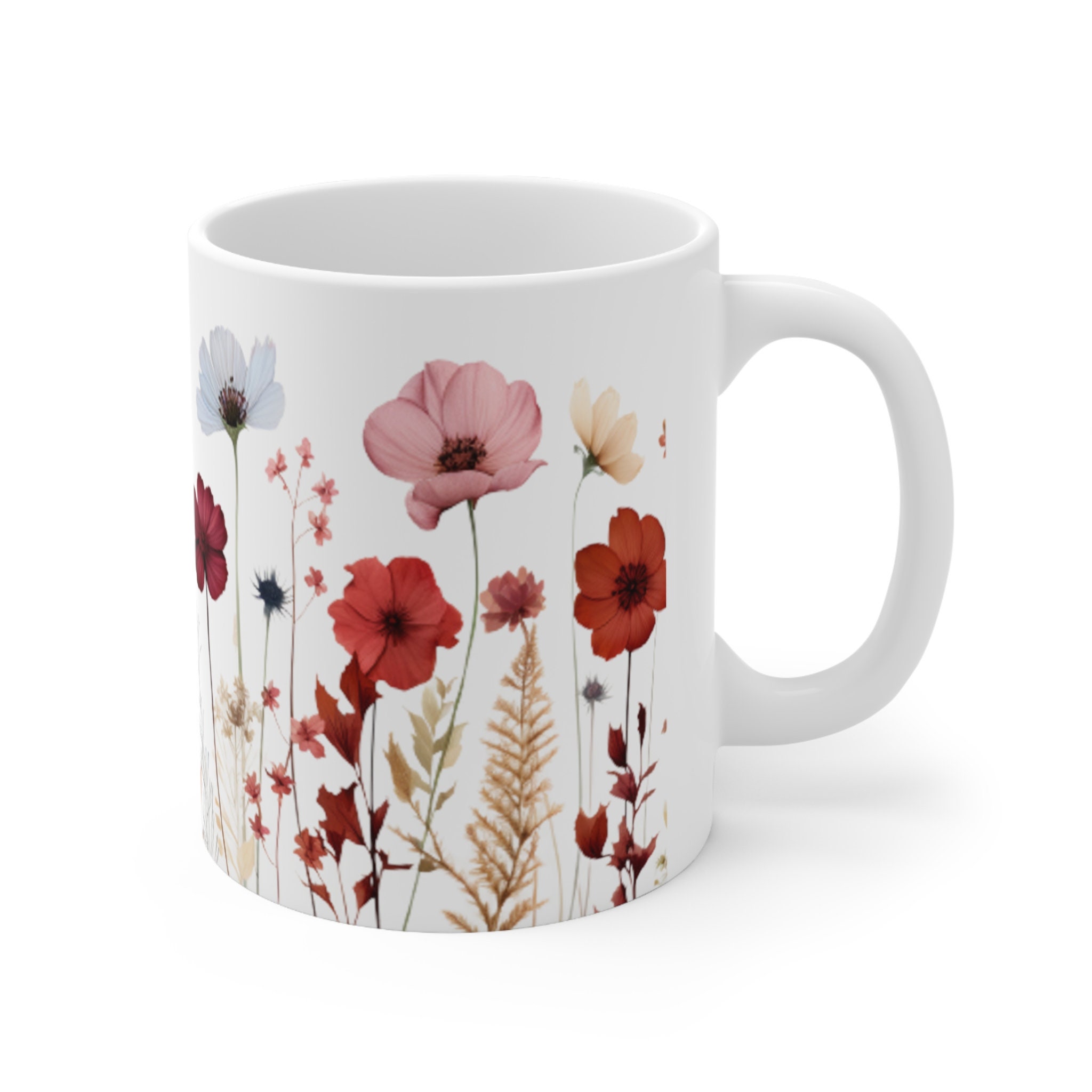 Pressed Flowers Mug, Coffee Cup Floral Design, Pastel Floral Nature Mug