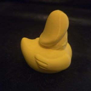 May include: A bright yellow rubber duck figurine shown from a side angle. The duck has a smooth, matte surface texture with a rounded body, a small wing detail on the side, and a prominent, upright neck and head shape facing toward the right side.