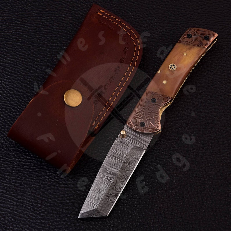 Handmade Damascus Tanto Knife Folding Pocket Knife with Leather Sheath, Camping and Hunting Tool, Perfect Gift for Dad, Husband or Boyfriend Brown Bone