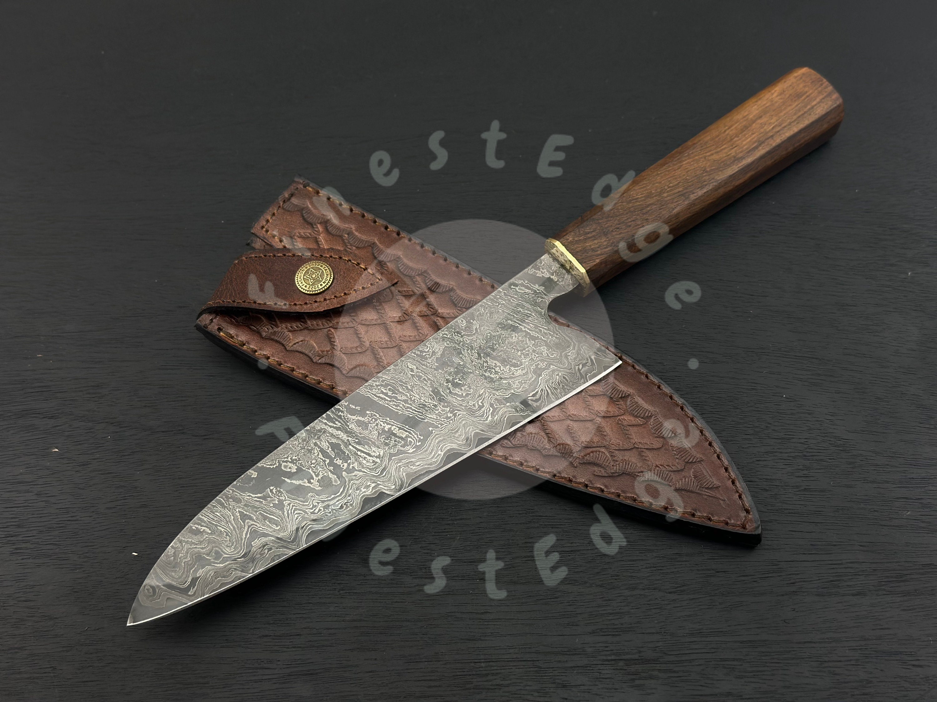 KATSU JSW01, Snake Wood Handle & Damascus Blade, Leather Sheath