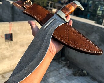 Damascus Kukri Knife - Handmade Bowie Knife with Leather Sheath, Ideal for Outdoor Adventures, Perfect Gift For Him
