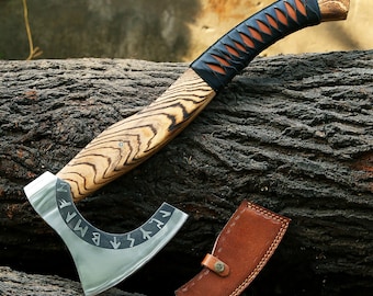 Custom Gift Carbon Steel Forest Viking Axe with Ash Wood Shaft, Viking Bearded Camping Axe, Christmas Gift and Anniversary Gift For Him