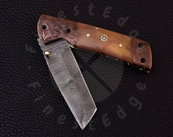 Handmade Damascus Tanto Knife Folding Pocket Knife with Leather Sheath, Camping and Hunting Tool, Perfect Gift for Dad or Husband