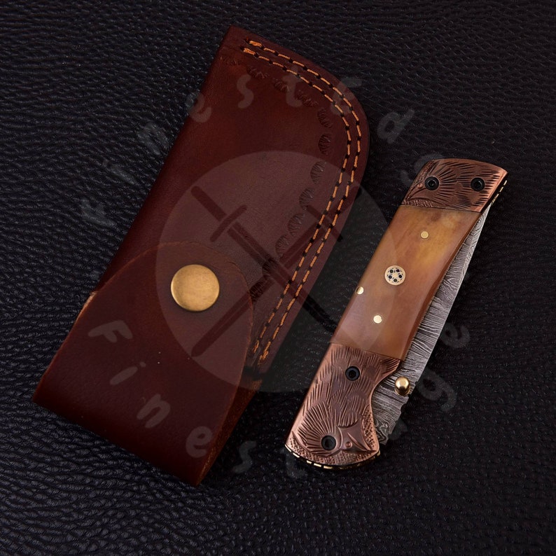 Handmade Damascus Tanto Knife Folding Pocket Knife with Leather Sheath, Camping and Hunting Tool, Perfect Gift for Dad, Husband or Boyfriend image 3