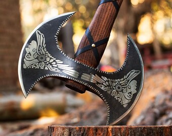 Hand Forged Double head Battle axe Ash wood handle with Sheath. Christmas gift, Blade Berserker Axe, gift for him, Handmade gift