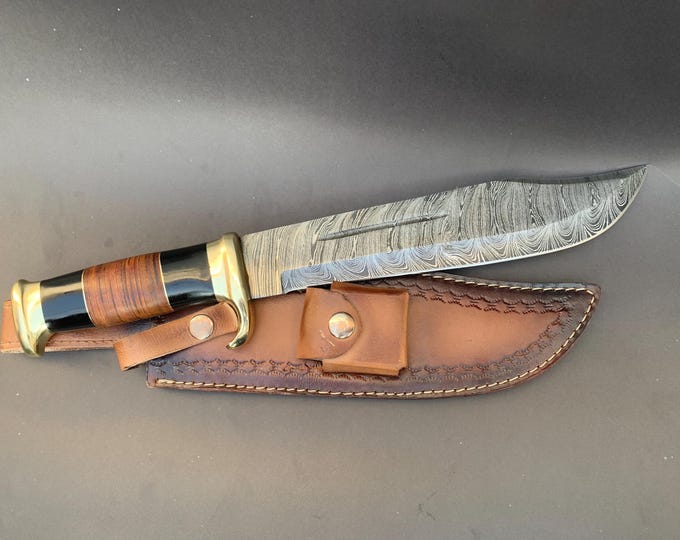 Custom Fire Pattern Damascus Bowie Knife with Leather Sheath