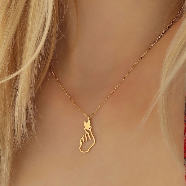 14k Gold Finger Heart Pendants ∙ Korean Finger Love Necklace ∙ Love Heart Charm ∙ Handmade Kpop Fan Love Jewelry ∙ Anniversary Gift for Her