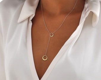 Collar lariat elegante de oro macizo de 14k ∙ regalo minimalista para ella ∙ collar de círculos de diseño moderno ∙ cadena ajustable ∙ regalo de compromiso