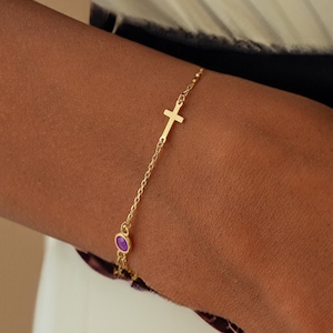 Cross Bracelet with Birthstone in 14k Gold, Birthday Gift and Cross Bracelet for Women, Tiny Cross Bracelet, Confirmation Gift, Baptism Gift