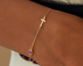Bracciale a croce con pietra portafortuna in oro 14k, regalo di compleanno e bracciale a croce per donna, piccolo bracciale a croce, regalo di cresima, regalo di battesimo
