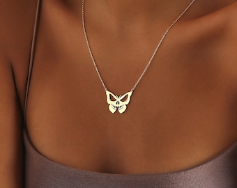 Halloween Skull Cutout Butterfly Necklace ∙ Gold Unique Butterfly Halloween Charm ∙ Minimalist Halloween Jewelry ∙ Silver Rose Skull Pendant