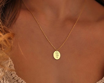 14k Gold Oval Disc Birth Flower Necklace • Birth Month Flower Gold Pendants • Unique Gift For Women • Floral Birthday Gift • Christmas Gift