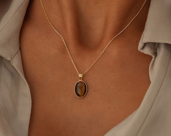 Tigers Eye Necklace, Healing Crystal Necklace, Natural Stone Gold Jewelry, Vintage Genuine Stone Pendant, Gift for Mom, Protection Charm