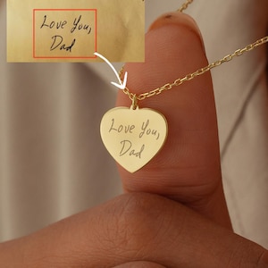 14k Gold Memorial Heart Necklace, Custom Handwriting Jewelry, Personalized Signature Pendant, Keepsake Gift to Remember Loved One