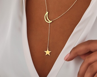 14k Gold Moon and Star Necklace ∙ Crescent Moon and Star Charm ∙ Gold  Lariat Necklace ∙ Moon Y Necklace ∙ Delicate Birthday Gift for Her