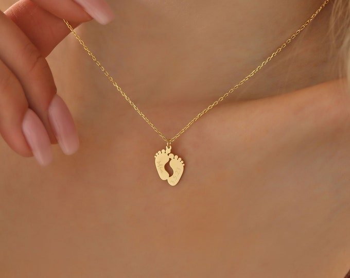 Gold Personalized Baby Feet Necklace ∙ New Mom Necklace ∙ Babyshower Gift ∙ Personalized Name Date Engraved Pendant ∙ New Born Necklace