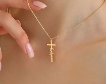 Gold Baptism Cross Name Necklace ∙ Dainty Name Cross Pendant ∙ Minimalist Cross ∙ Confirmation Gift For Girls ∙ Cross Necklace for Women