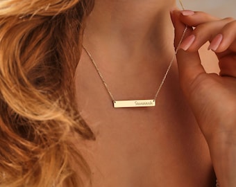 14k Gold Personalized Name Bar Necklace, Custom Date, Initial Pendant
