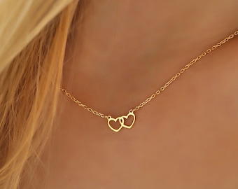 14k Gold Minimalist Double Heart Necklace ∙ Heart Link Pendant ∙ Heart Outline Jewelry ∙ Elegant Handmade Jewelry for Her ∙ Dainty Love Gift