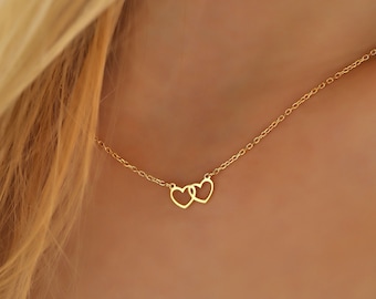 14k Gold Minimalist Doppel Herz Halskette ∙ Herz Link Anhänger ∙ Herz Umriss Schmuck ∙ Eleganter handgemachter Schmuck für Sie ∙ Zierliches Liebe Geschenk