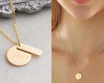 Personalized Gold Disc Bar Necklace ∙Disc Name Jewelry ∙ Initial Disc Birthdate Name Bar Necklace ∙ Gift For Her ∙ Christmas Gift