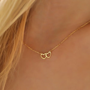 14k Gold Minimalist Double Heart Necklace ∙ Heart Link Pendant ∙ Heart Outline Jewelry ∙ Elegant Handmade Jewelry for Her ∙ Dainty Love Gift